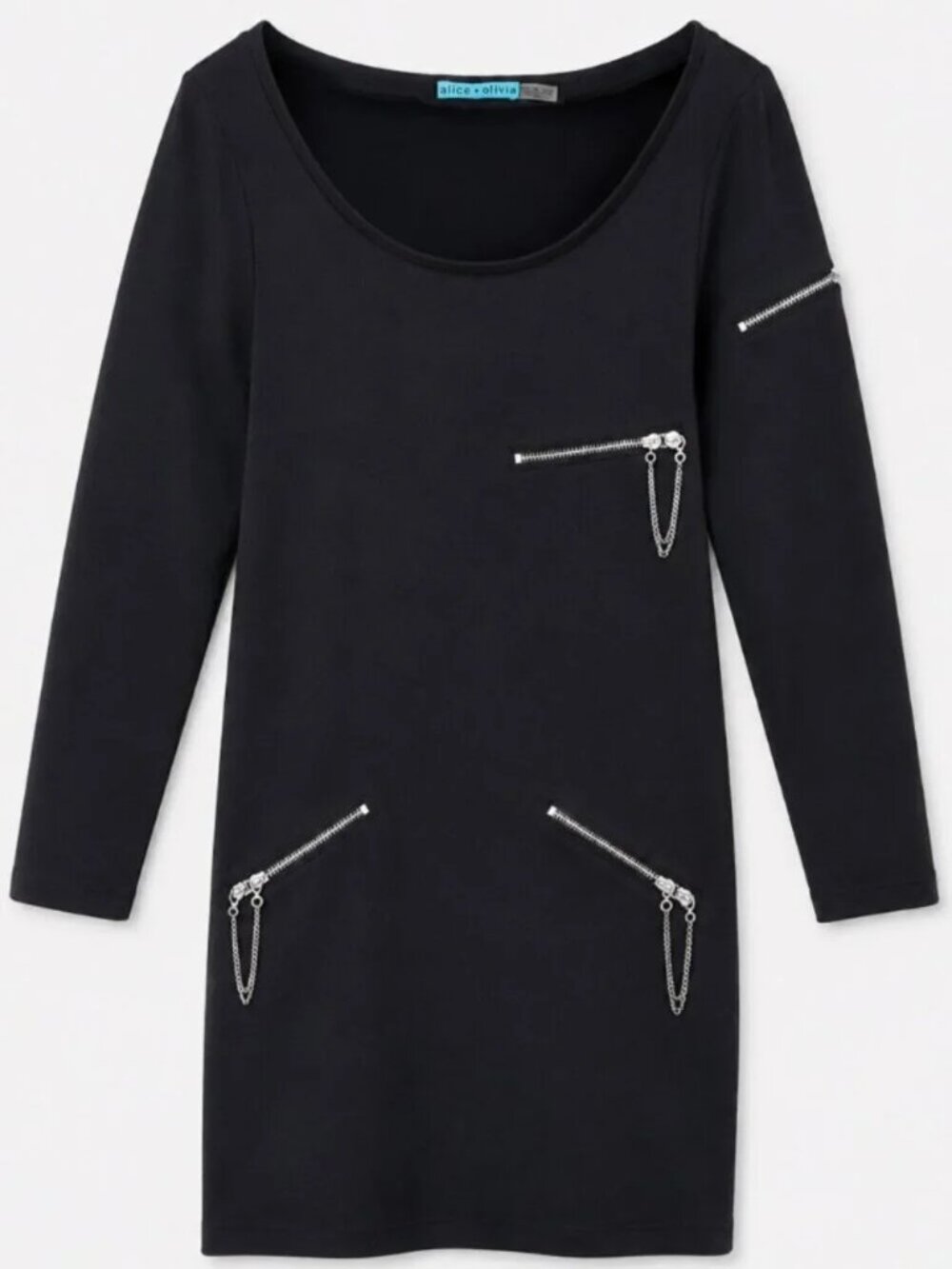Alice + Olivia Boat Neck Solid Black Zipper Detail Mini Dress